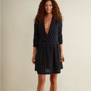 Damsel+The Odells Navy Embroidered V-Neck Dress Boho Cottagecore Smocked Waist